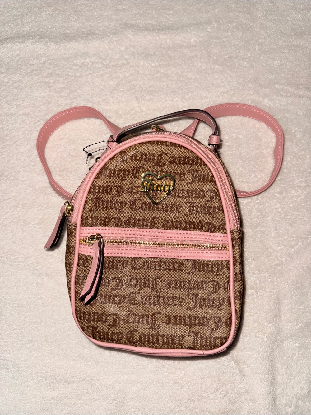 Juicy Couture Brown Monogram Mini Backpack with Pink Trim and Gold Heart Logo